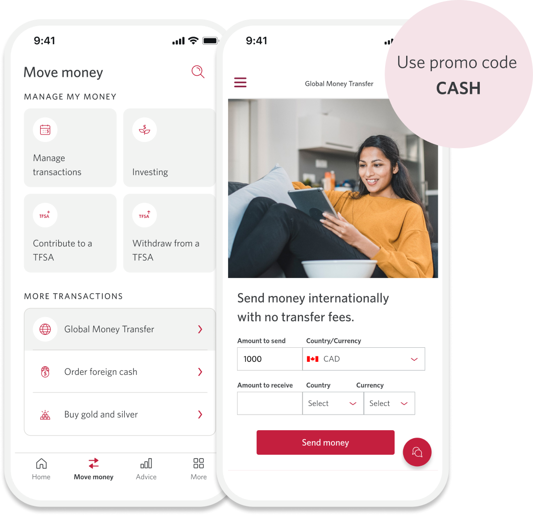 Screenshots of CIBC mobile app showing the Move Money section that leads to Global Money Transfer. 