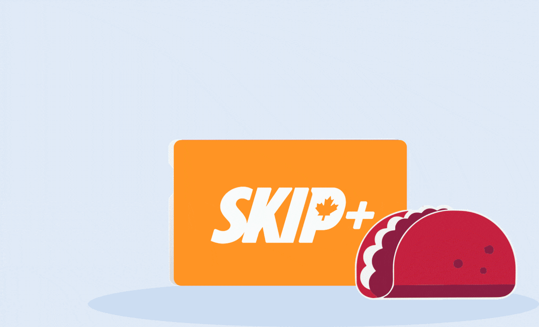 Animation of a CIBC Adapta Mastercard combined with a Skip+ card and takeout food.