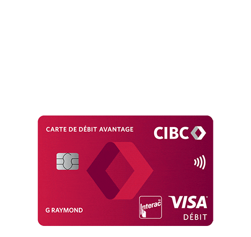 Animation montrant une carte Avantage CIBC Visa Débit et cinq cartes de crédit CIBC différentes.