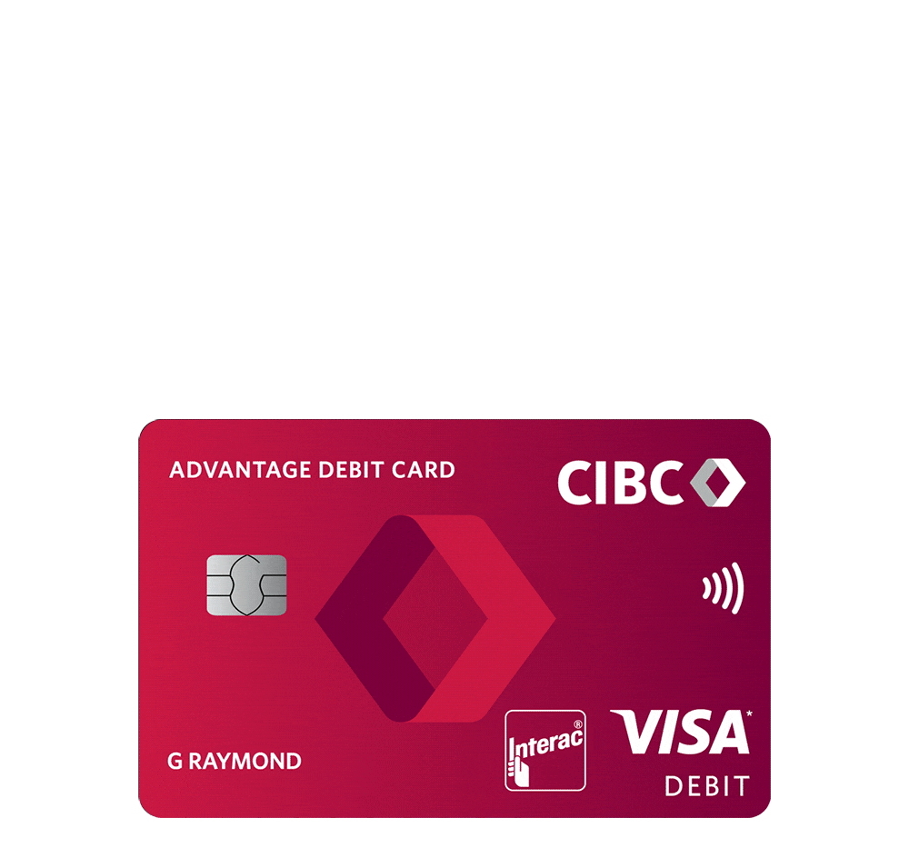 Animation of a CIBC Advantage Visa Debit Card paired with a CIBC Dividend Visa card.
