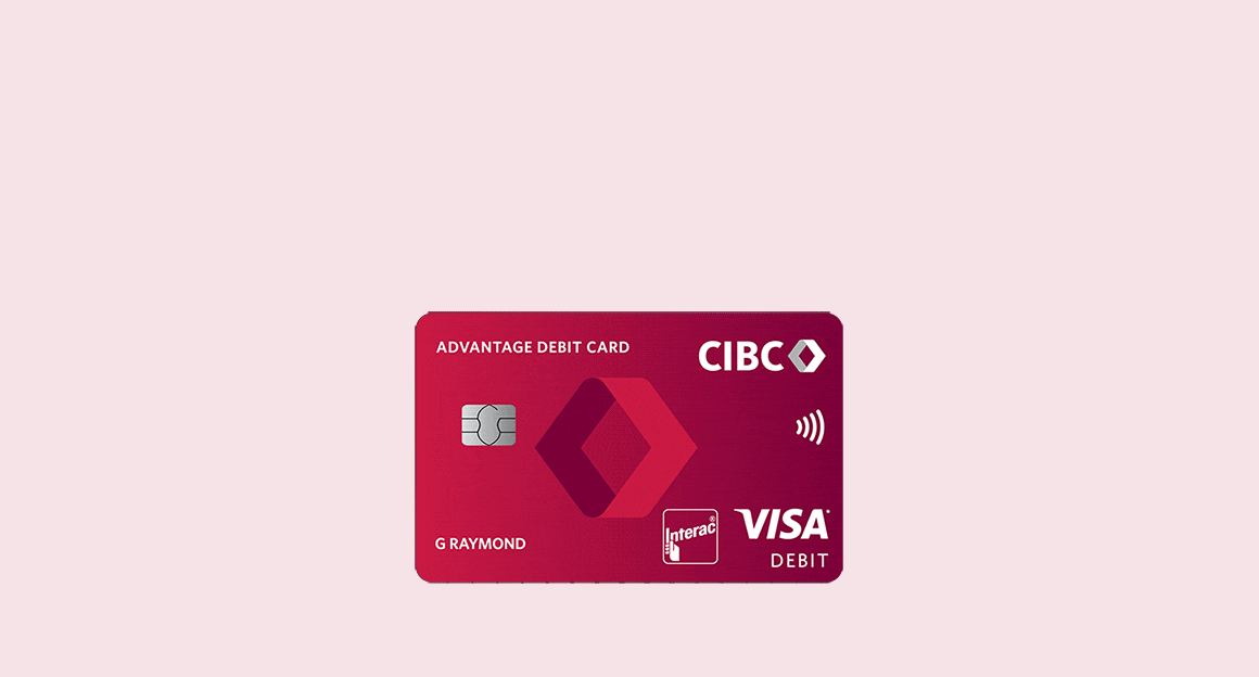 Animation of a CIBC Advantage Visa Debit Card paired with a CIBC Dividend Visa card.