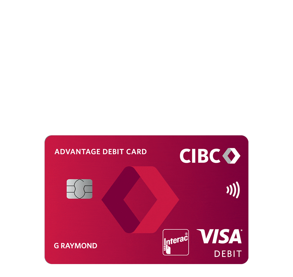 Animation of a CIBC Advantage Visa Debit Card paired with a CIBC Dividend Platinum Visa card.