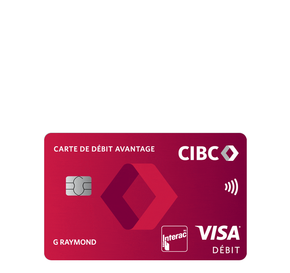 Animation montrant une carte Avantage CIBC Visa Débit et une carte Dividendes Platine CIBC Visa.