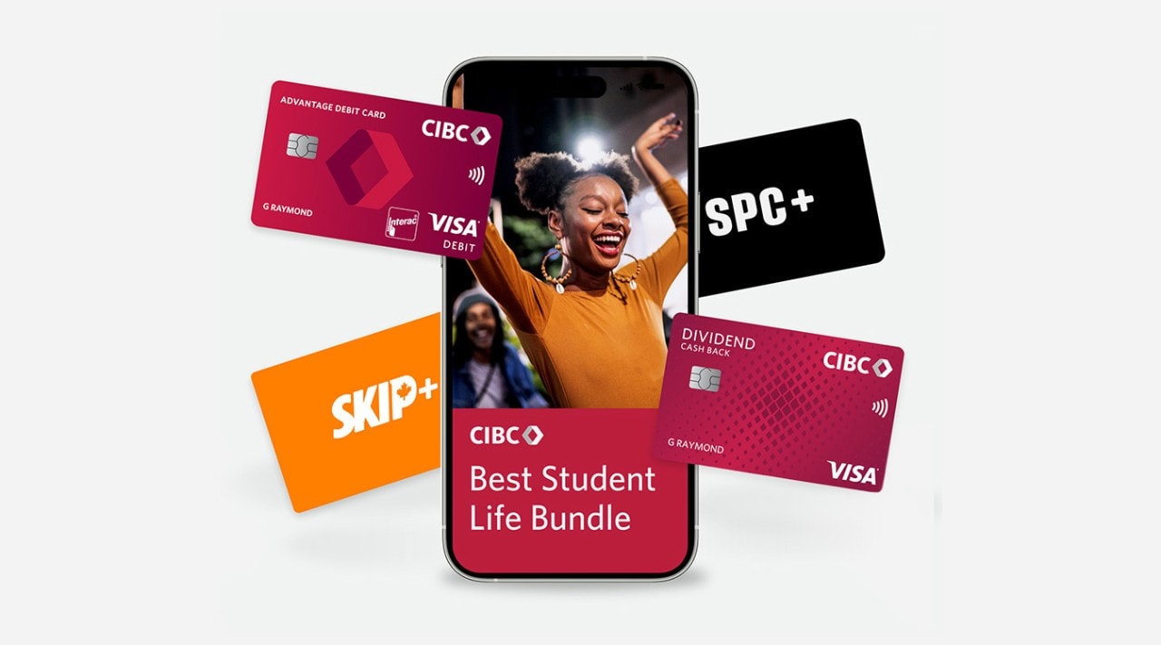 Mobile phone screen: CIBC Best Student Life Bundle. CIBC Dividend Visa card, CIBC Debit card, SPC+ card and Skip+ card.