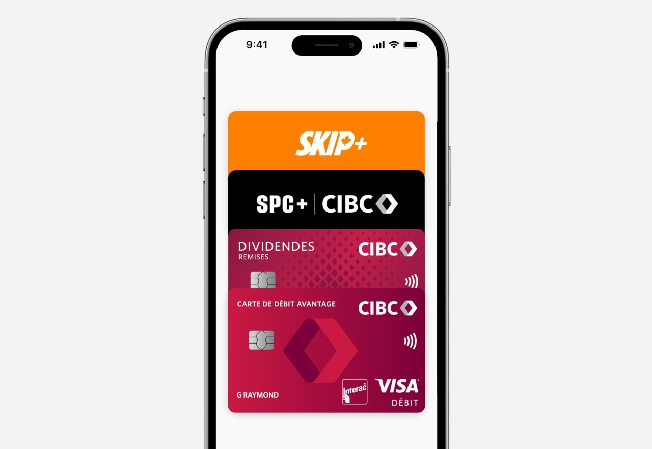 Une carte Dividendes CIBC Visa, une carte de débit CIBC, une carte SPC+ et une carte Skip+ se chevauchent.