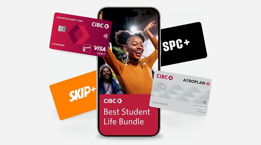 Mobile phone screen: CIBC Best Student Life Bundle. CIBC Aeroplan Visa card, CIBC debit card, SPC+ card and Skip+ card.