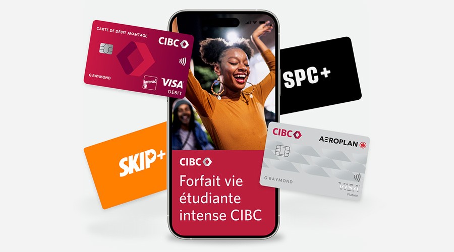 Écran de téléphone cellulaire : Forfait vie étudiante intense CIBC. Carte CIBC Visa Aéroplan, Carte de débit CIBC, Carte SPC+ et carte Skip+.