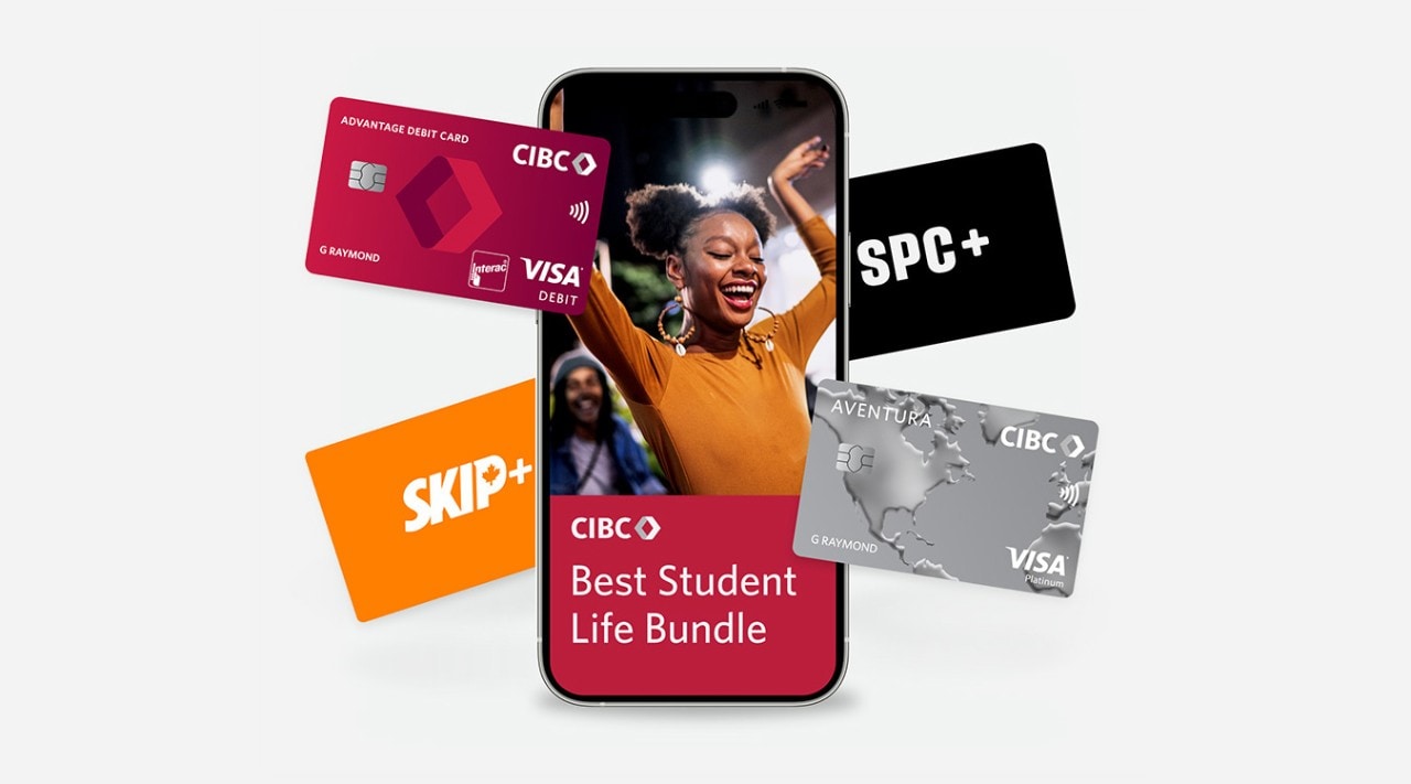 Mobile phone screen: CIBC Best Student Life Bundle. CIBC Aventura Visa card, CIBC debit card, SPC+ card and Skip+ card.