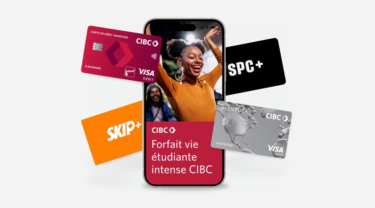 Écran de téléphone cellulaire : Forfait vie étudiante intense CIBC. Carte Aventura CIBC Visa, Carte de débit CIBC, Carte SPC+ et carte Skip+.