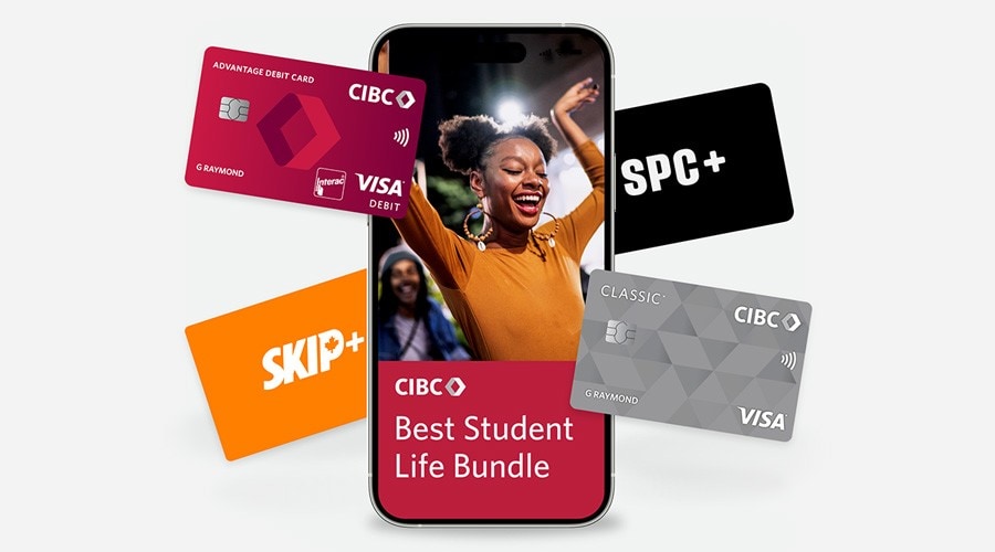 Mobile phone screen: CIBC Best Student Life Bundle. CIBC Classic Visa card, CIBC debit card, SPC+ card and Skip+ card.