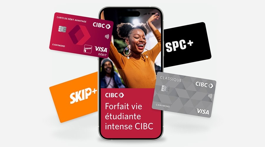 Écran de téléphone cellulaire : Forfait vie étudiante intense CIBC. Carte Classique CIBC Visa, Carte de débit CIBC, Carte SPC+ et carte Skip+.
