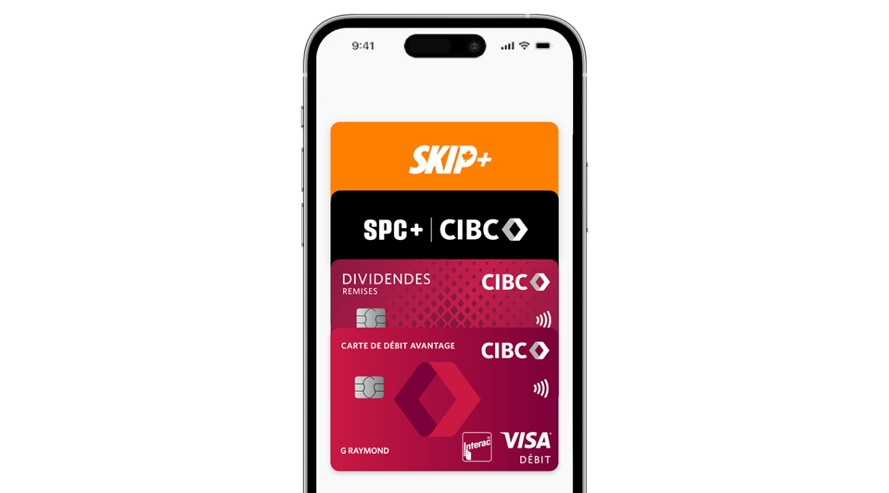 Écran d’appareil mobile affichant quatre cartes qui se chevauchent, soit une carte de débit Avantage CIBC, une carte de crédit avec remise en argent Dividendes CIBC Visa, une carte SPC+ et une carte Skip+.
