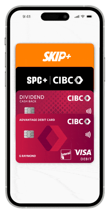Mobile phone screen with stack of four cards. Cards include the CIBC Advantage Debit Card, CIBC Dividend Cash Back Visa Credit Card, SPC+ card and Skip+ card.