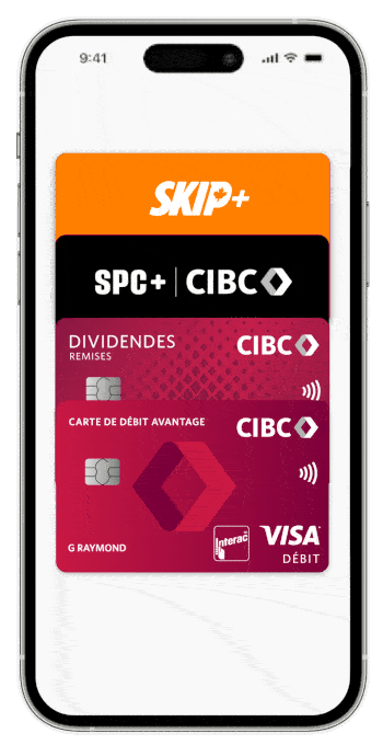 Écran d’appareil mobile affichant quatre cartes qui se chevauchent, soit une carte Skip+, une carte SPC+, une carte de crédit avec remise en argent Dividendes CIBC Visa et une carte de débit Avantage CIBC.