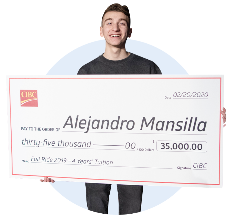 2019 contest winner Alejandro Mansilla holding a large cheque for $35,000 from CIBC.