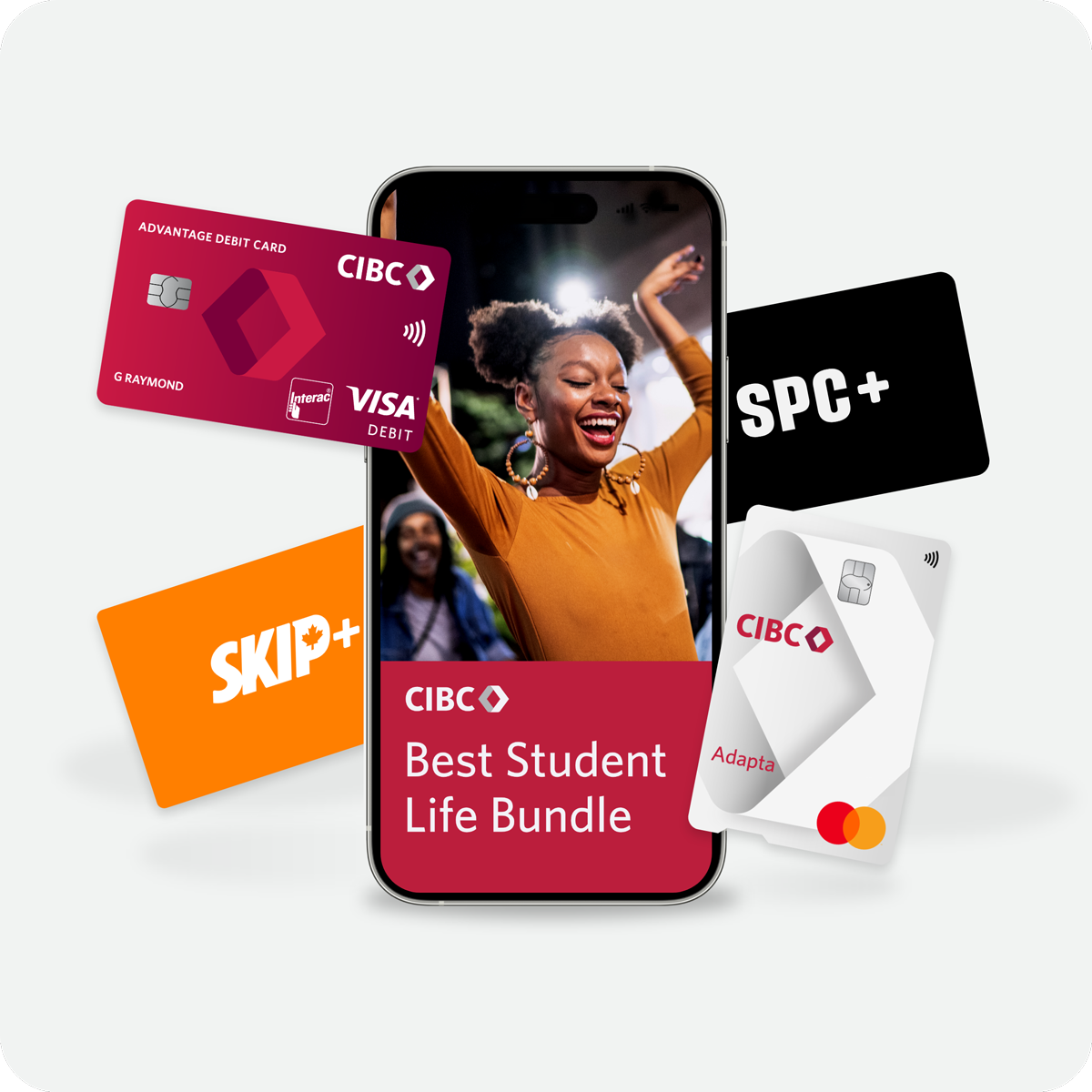 Mobile phone screen with stack of four cards. Cards include the CIBC Advantage Debit Card, CIBC Dividend Cash Back Visa Credit Card, SPC+ card and Skip+ card.