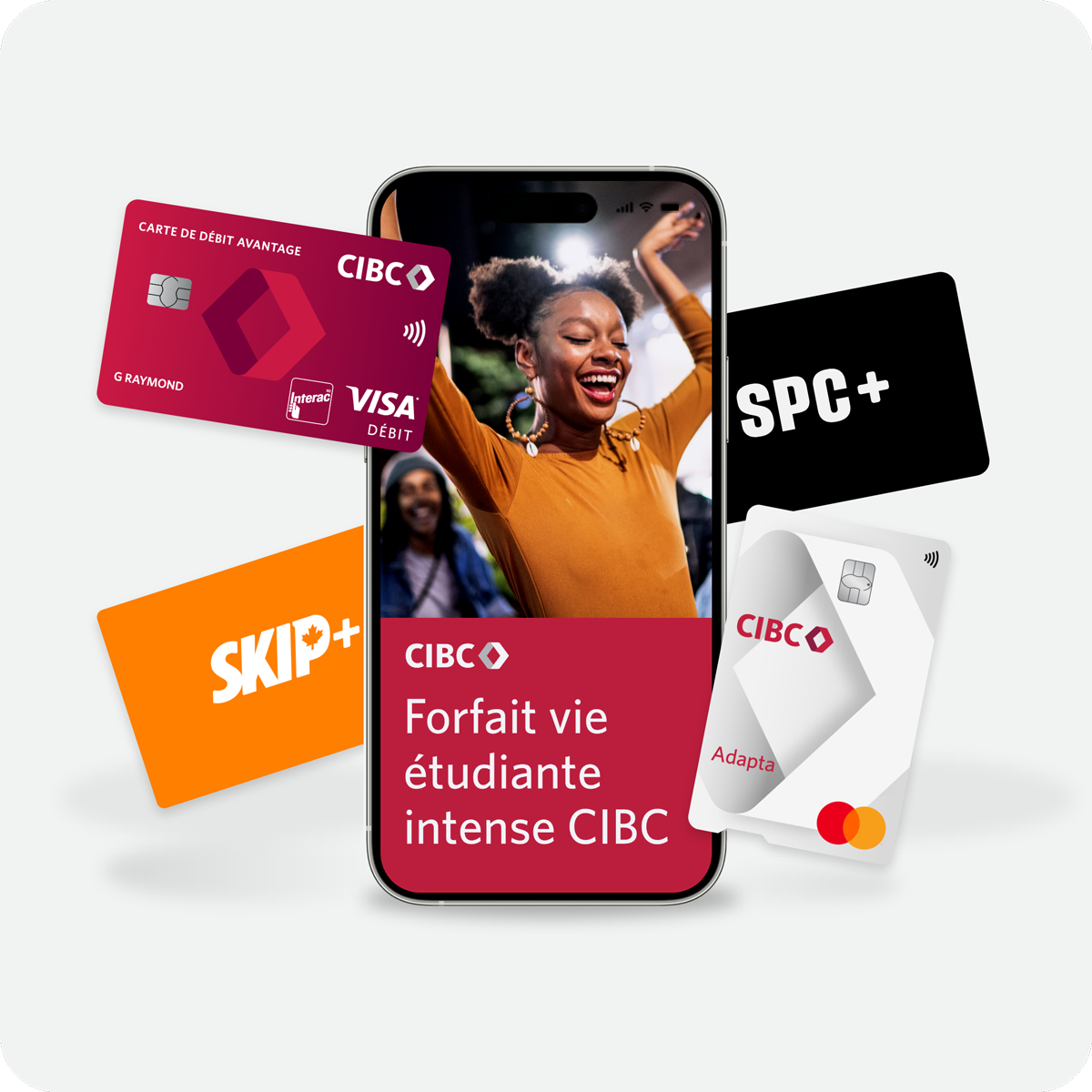 Écran d’appareil mobile affichant quatre cartes qui se chevauchent, soit une carte de débit Avantage CIBC, une carte de crédit avec remise en argent Dividendes CIBC Visa, une carte SPC+ et une carte Skip+.