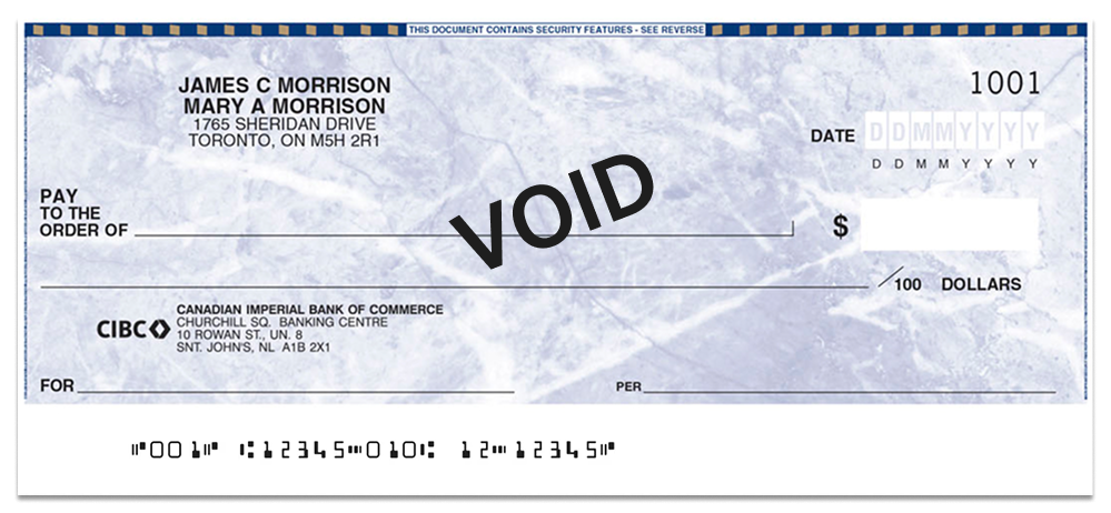 A cheque with the word “void” written across it.