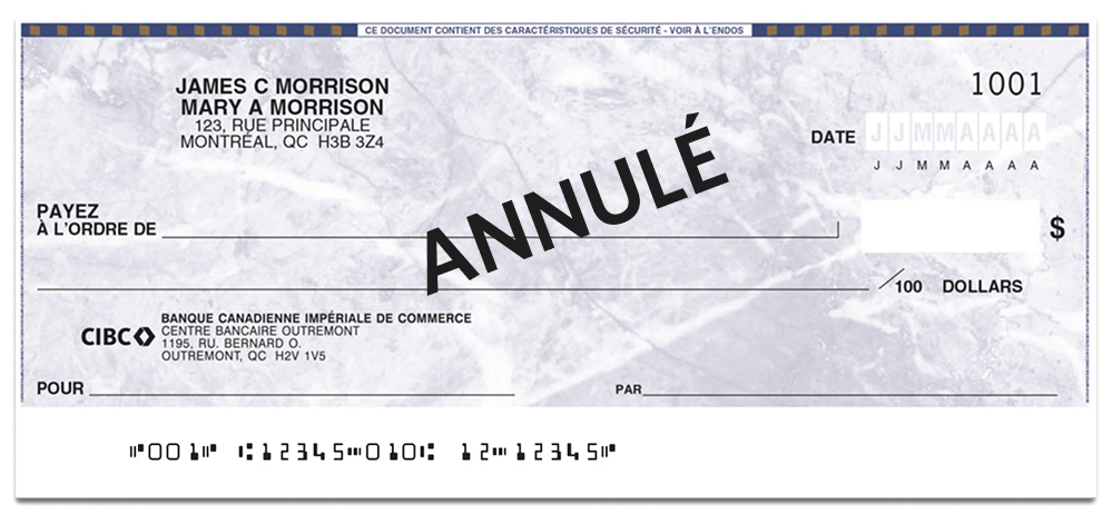 Un chèque sur lequel est inscrit le mot annulé.