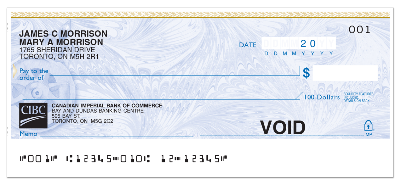 A cheque with the word “void” written across it.