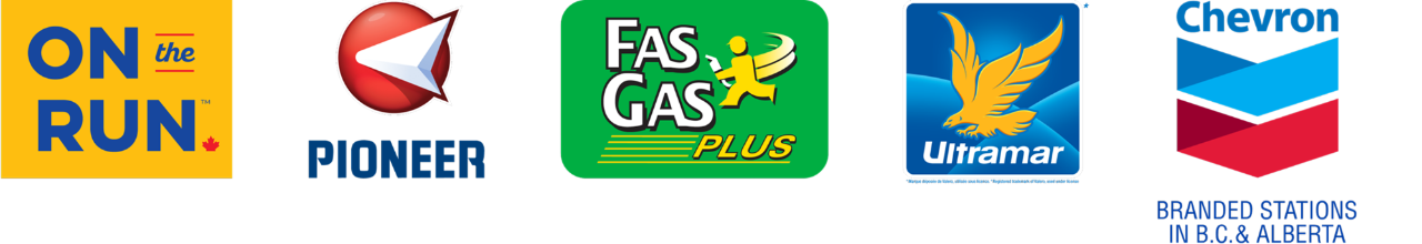  Logos of On the run, Pioneer, Fas Gas, Ultramar and Chevron.
