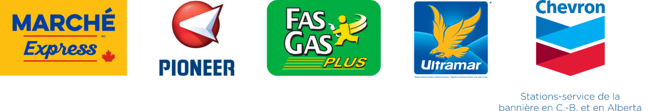  Logos de On the run, Pioneer, Fas Gas, Ultramar et Chevron.