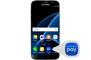 Photo d'un téléphone avec un gros plan de l'icône de Samsung Pay