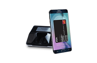 An image of a phone hovering over a card reader.