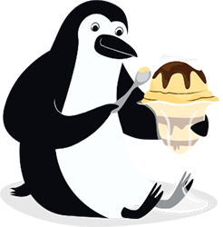 Notre mascotte, Perceval Manchot, déguste une coupe de crème glacée.
