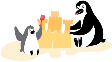 Penny and Paddy Penguin building a sand castle.
