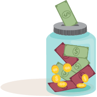 A dollar bill falling into a jar filled with money.