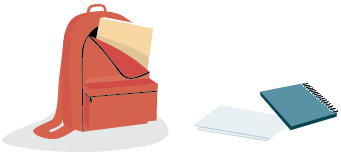 A backpack next to a notebook.