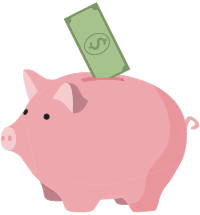Piggy bank with a dollar bill.