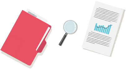 A folder alongside an investment report and a magnifying glass.