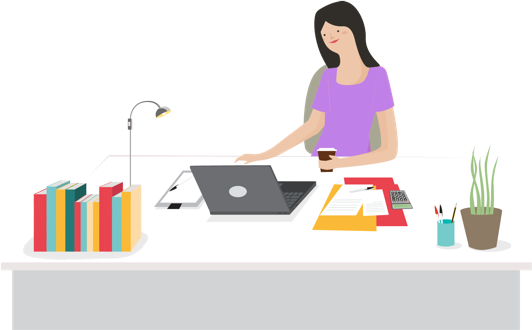 Femme assise à un bureau utilisant un ordinateur portatif.