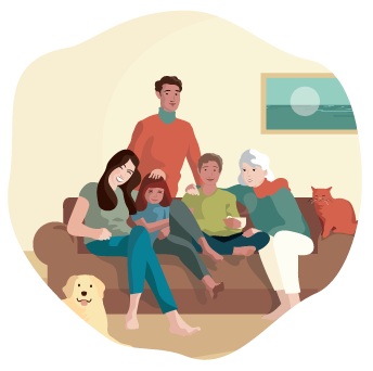 A snapshot of a family, and their pets, happily gathered around a couch