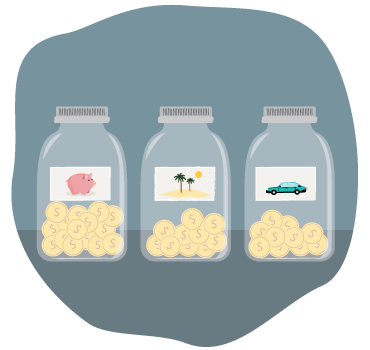 3 jars for savings, a vacation, and a vehicle