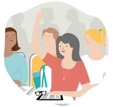Une femme dans une salle de classe lève la main