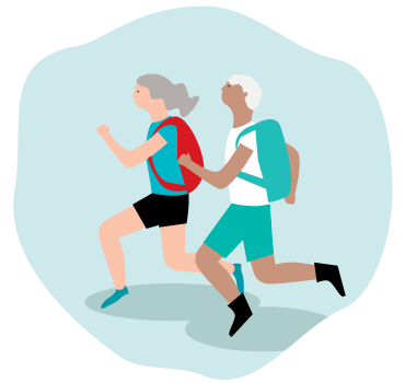 A man and woman wearing backpacks and jogging