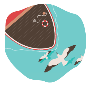 Des goélands survolent un bateau en mer.