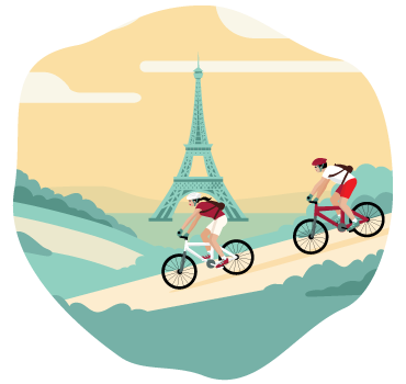 Two bikers biking in a park with the Eiffel Tower in the distance