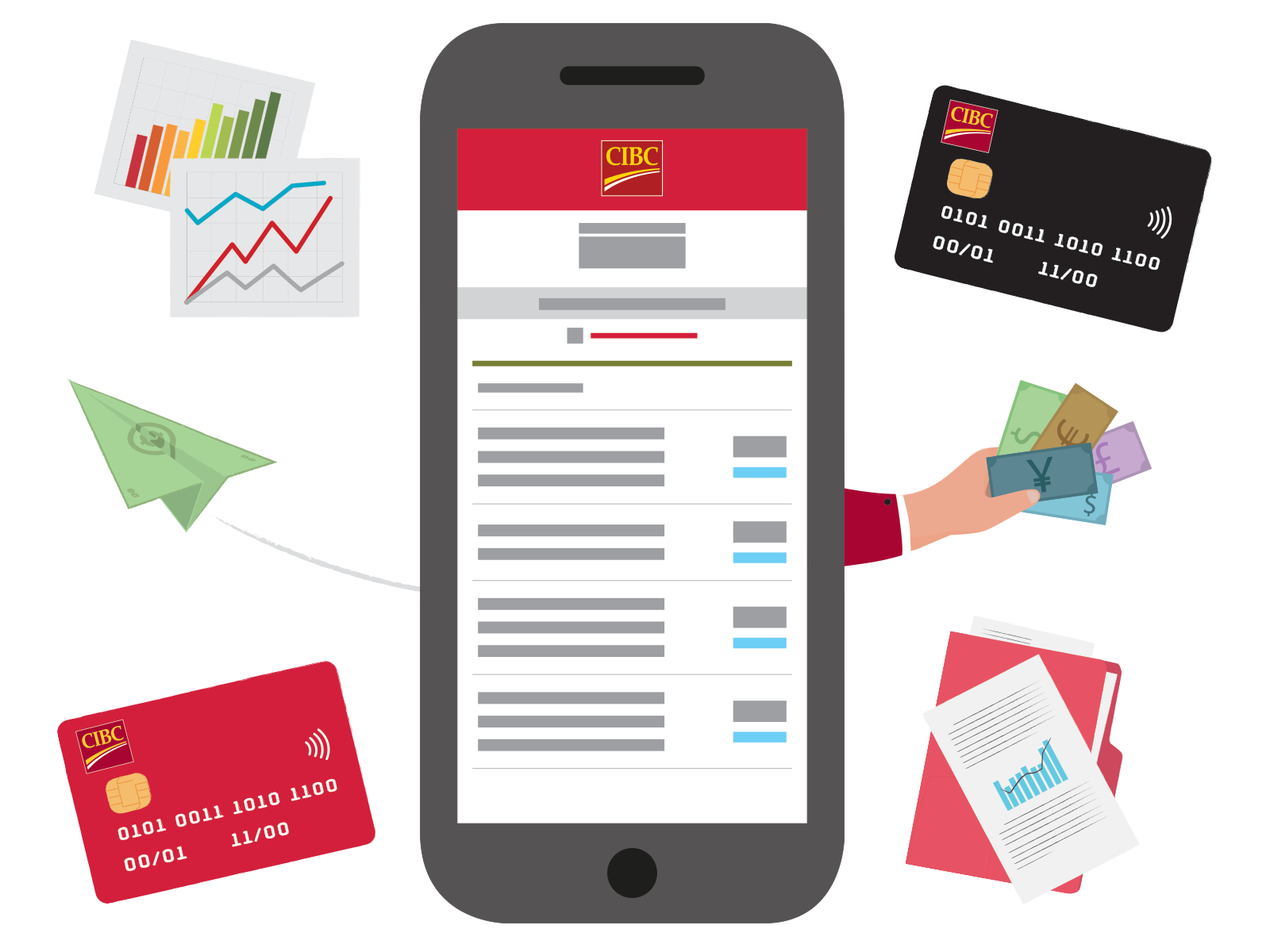 Dockets, charts, credit cards, e-transfer coming out of mobile phone