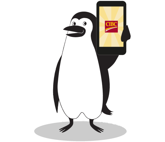 Perceval Manchot, notre mascotte, présente avec fierté l’Application Services bancaires mobiles CIBC