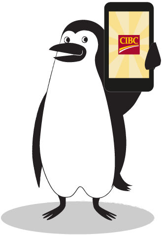 Perceval Manchot, notre mascotte, présente avec fierté l’Application Services bancaires mobiles CIBC