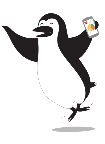 Notre mascotte, Perceval Manchot, saute de joie en tenant un téléphone sur lequel il utilise Services bancaires mobiles