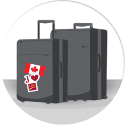 Illustration de bagages avec autocollants représentant le drapeau canadien et J’aime CIBC