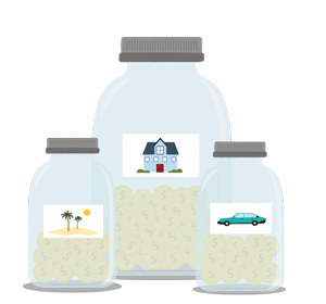 Illustration of savings jars for a vacation, house and car