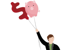 Illustration of balloons shaped like a piggy bank and a dollar sign