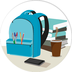 Illustration of student backpack with supplies and smartphone