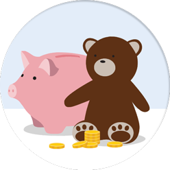 Illustration of teddy bear and piggy bank with coins